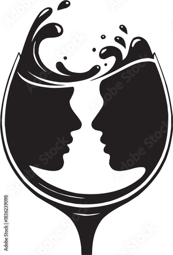 Optical illusion profile icon set. Vector glyph pictograms of wine glass, dual face, abstract shape, visual trick, perception art, mirrored image black silhouette