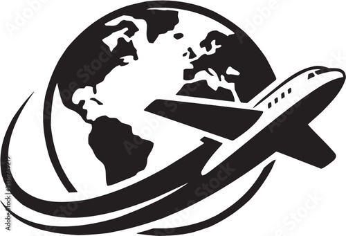 Global travel icon set. Vector glyph pictograms of airplane, globe, flight path, world journey, aviation symbol black silhouette