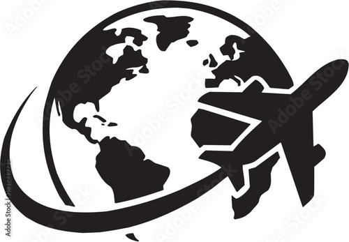 World aviation icon set. Vector glyph pictograms of airplane, globe, travel path, flight symbol, global journey black silhouette