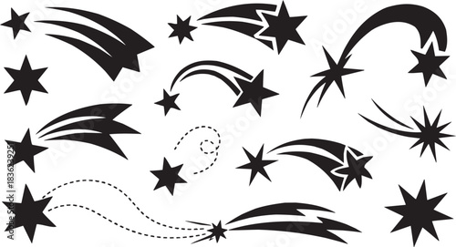 Star and comet icon set. Vector glyph pictograms of shooting star, sparkle, cosmic symbol, space mark, celestial shape black silhouette