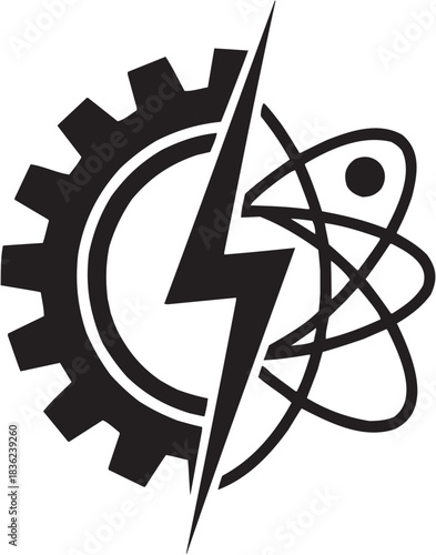 Engineering energy icon set. Vector glyph pictograms of gear, lightning bolt, atomic orbit, power symbol, technical mark black silhouette