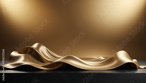Luxury background for branding and product presentation. Darck color podium on gold fabric flying wave. 3d rendering illustration.