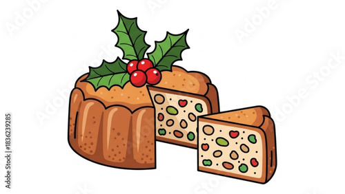 Delicious christmas fruitcake holiday dessert with holly berries and slice for festive celebration recipe