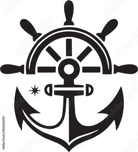 Maritime navigation icon set. Vector glyph pictograms of ship wheel, anchor, sea travel, nautical symbol, ocean guide black silhouette
