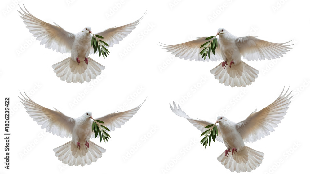 Obraz premium Four doves with olive branches isolated on transparent background