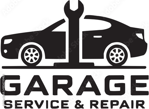 Garage service and repair icon set. Vector glyph pictograms of car, wrench, mechanical tool, auto fix, vehicle maintenance symbol black silhouette