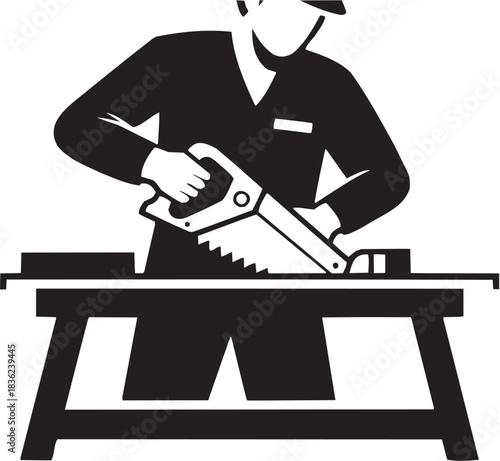 Carpentry and woodworking icon set. Vector glyph pictograms of hand saw, wood cutting, tool, manual craft, construction symbol black silhouette