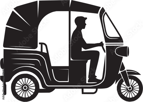 Auto rickshaw icon set. Vector glyph pictograms of driver, three-wheeled vehicle, street transport, urban ride, motion symbol black silhouette