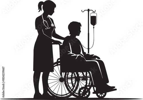 Healthcare assistance icon set. Vector glyph pictograms of caregiver, patient, wheelchair, IV drip, medical support, hospital scene black silhouette