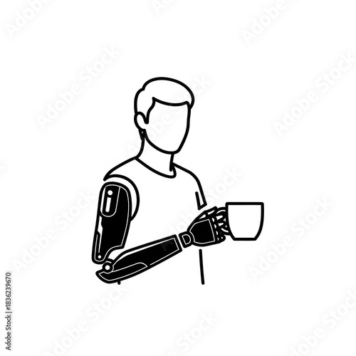 Person with a bionic arm prosthesis holding a mug