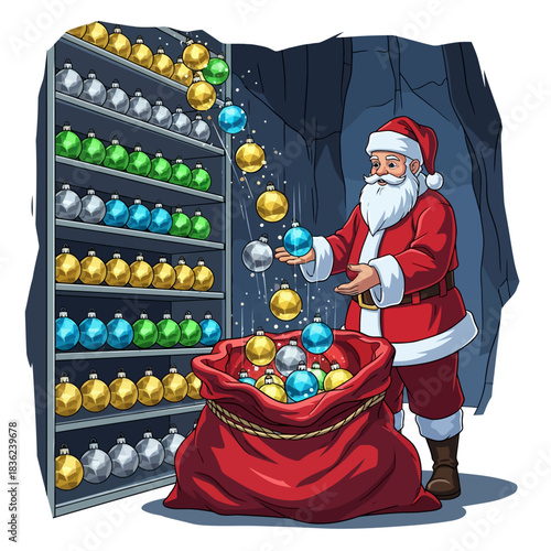 Vibrant 2D vector illustration of Santa in his workshop, magically levitating glowing Christmas ornaments into his massive sack, surrounded by bells, icicles, and reindeer silhouettes.