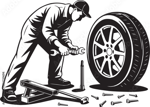 Tire change icon set. Vector glyph pictograms of person, car repair, wheel service, mechanical action, roadside fix black silhouette