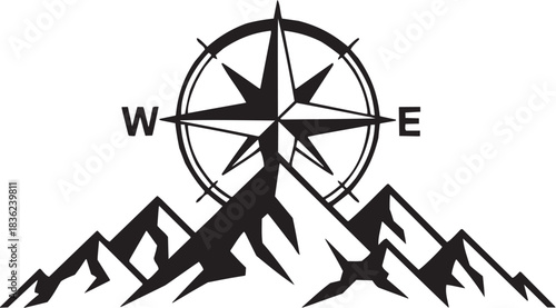 Compass rose icon set. Vector glyph pictograms of mountain silhouette, travel guide, navigation symbol, outdoor direction black silhouette