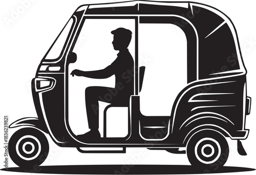 Auto rickshaw icon set. Vector glyph pictograms of person, tuk-tuk, three-wheeled vehicle, transport symbol, street ride black silhouette