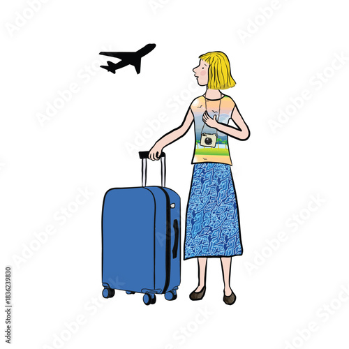 Woman traveler with suitcase and airplane.