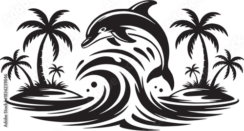 Ocean dolphin icon set. Vector glyph pictograms of dolphin, wave splash, sea jump, marine creature, water motion black silhouette