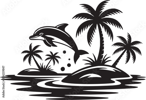 Beach dolphin icon set. Vector glyph pictograms of dolphin, palm tree, ocean splash, tropical wave, marine jump black silhouette