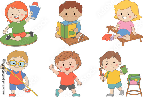 Diverse group of happy children enjoying various summer activities and hobbies outdoors.