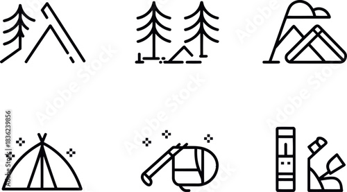 Minimalist camping icons depict tents, trees, mountains, and gear for outdoor adventures.