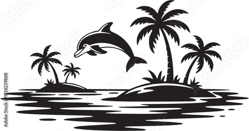 Tropical dolphin icon set. Vector glyph pictograms of dolphin, palm tree, ocean splash, beach scene, marine jump black silhouette