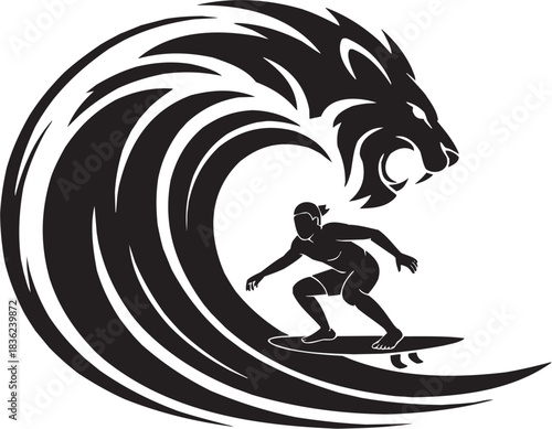 Surfing lion wave icon set. Vector glyph pictograms of surfer, lion head, ocean wave, board rider, wild splash, beach action black silhouette