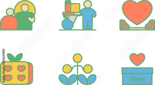 Heartwarming icons representing care, support, and charitable giving