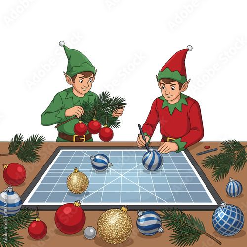 Dua peri bekerja sama mengatur ornamen dan ranting pinus di atas meja kerja digital dalam ilustrasi vektor datar 2D yang cerah, melambangkan perencanaan dekorasi Natal yang teliti.