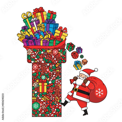 Flat 2D vector illustration of Santa Claus sliding down a geometric chimney patterned with Christmas motifs and delivering a giant sack of presents.
