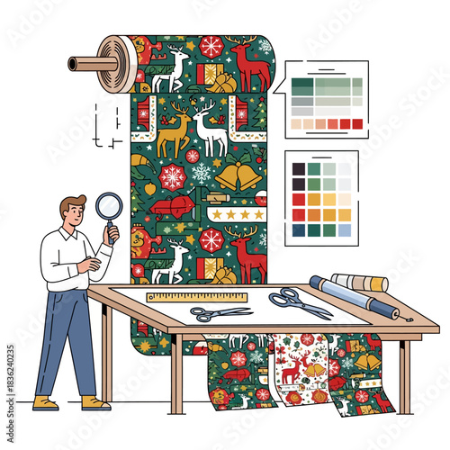 Ilustrasi vektor 2D datar: Desainer tekstil memeriksa kontrol kualitas kain gulungan besar pola Natal mulus dengan motif kepala Sinterklas, pinus, dan kotak hadiah.