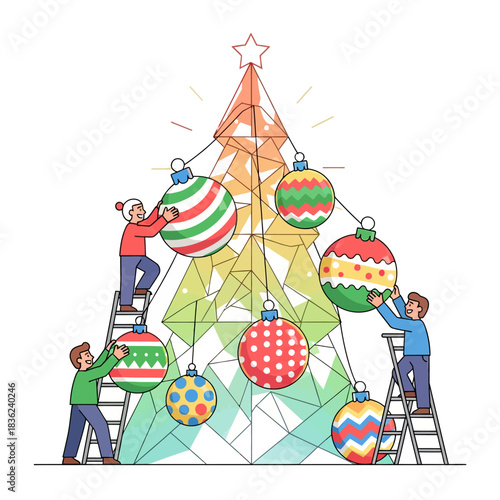 Ilustrasi vektor datar 2D: Tiga karakter ceria berkolaborasi menggantung ornamen Natal geometris pada struktur pohon abstrak raksasa yang bercahaya, mewakili persiapan liburan yang menyenangkan.