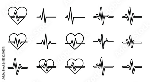 Heart rate monitor and ECG pulse line icons in clean black line art