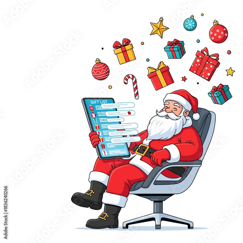 Vibrant flat 2D vector illustration of Santa Claus in a modern workshop checking his massive digital gift list on a glowing futuristic tablet amidst colorful floating Christmas ornaments.