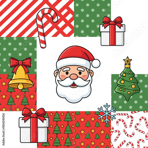 Ilustrasi vektor 2D datar hidup koleksi Natal konseptual: Ikon Santa sentral, kaos kaki, lonceng, dan pria roti jahe, diatur rapi dalam kisi datar bersih di latar putih.