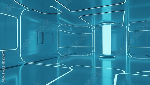 Fototapeta Naklejka Na Ścianę i Meble -  Abstract space station interior with illuminated cyan pillar and panels