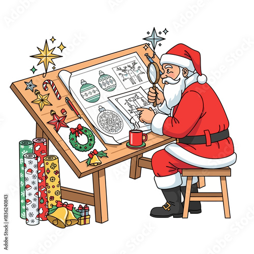 Santa Claus dalam adegan vektor datar 2D sedang meninjau cetak biru untuk hiasan Natal baru di meja gambar besar dengan warna-warna cerah dan latar belakang putih.