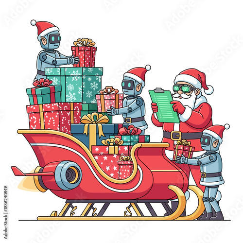 Sinterklas mengarahkan peri robot memuat kotak hadiah berpola meriah ke kereta luncur pengiriman futuristiknya menggunakan papan klip holografik, dalam adegan vektor datar 2D yang cerah.