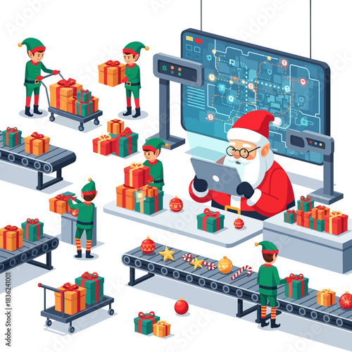 Modern Santa uses a tablet to optimize Christmas delivery routes as elves manage gifts and conveyor belts in a high-tech workshop, shown in a vibrant 2D flat illustration.