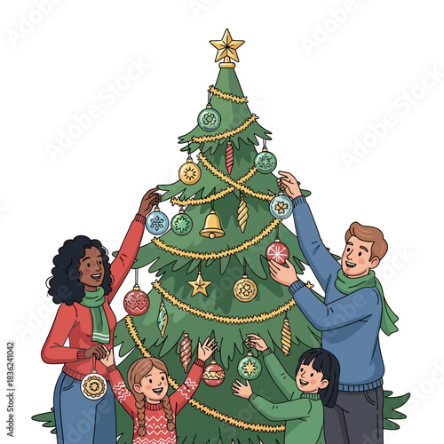 Adegan vektor datar 2D cerah menampilkan keluarga beragam yang berkolaborasi menghias pohon Natal besar menggunakan ornamen kaca dan tinsel, berlatar putih dengan ruang salinan.
