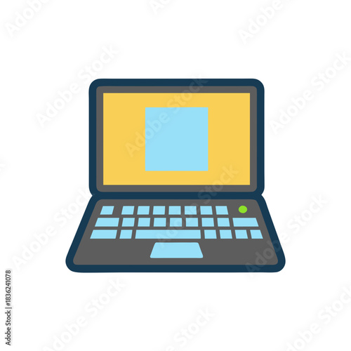 Modern Flat Vector Illustration Of A Laptop With Yellow Screen And Light Blue Display Area Featuring A Keyboard And Trackpad In A Minimalist Style