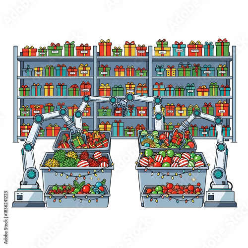 Vibrant 2D vector scene depicts Santa's automated inventory room, where robotic arms efficiently sort and stack labeled Christmas gifts onto high shelves, showcasing futuristic holiday logistics.