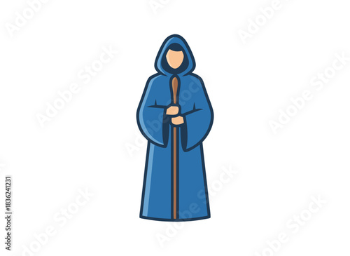 Mysterious Wizard in Blue Robe Holding a Staff on a Black Background Mysterious Wizard in Blue Robe Holding a Staff on a Black Background