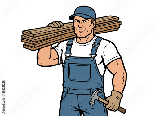 Muscular Male Construction Worker Wearing Blue Overalls and White T-shirt Carrying Wooden Planks on Shoulder Holding Hammer and Wearing Gloves and Blue Cap