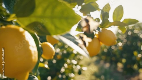 Close-up of bright yellow, ripe lemons hanging gracefully from a lush green citrus tree branch under warm, natural sunlight. The vibrant fruit is surrounded by healthy foliage, with soft, golden bokeh
