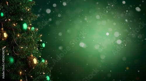 Festive green christmas tree and golden ornaments