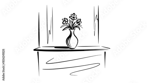 Stylized black and white illustration of a vase with flowers on a windowsill