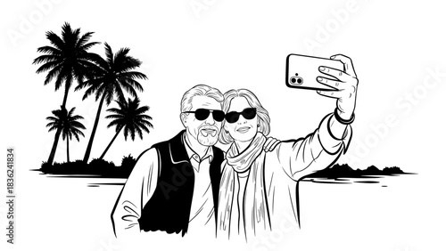 Senior couple taking a selfie together at the beach with palm trees in black and white