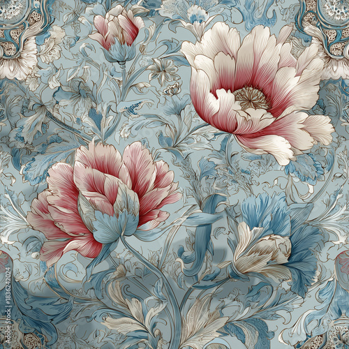 Ethereal Bloom: Seamless fabric pattern with Intricate Gold Accents