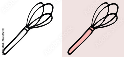 Simple manual hand whisk kitchen utensil doodle sketch vector illustration for culinary design, baking, cooking, and food preparation, in black and white line art drawing with a color version