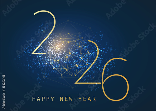Golden and Dark Blue Modern Style Happy New Year Greeting Card, Creative Vector Design Template with Polygonal Globe on Glittering Background - 2026
