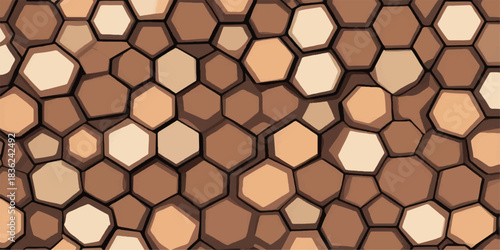 Crisp cream, brown hexagon cluster forming a structured futuristic pattern over a clean chocolate textured background.
